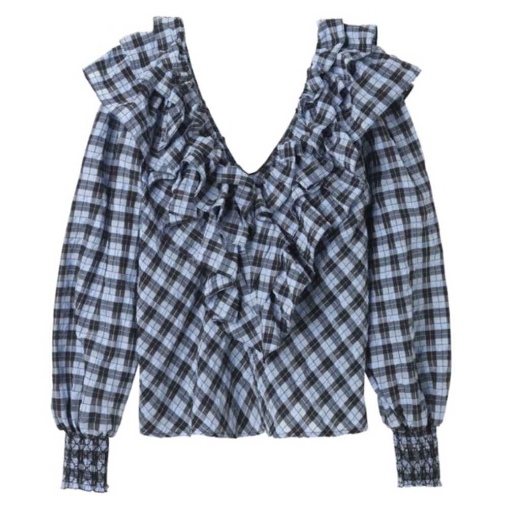 Ganni Charron Top - Blue and Black Plaid Ruffle Blouse Size 38